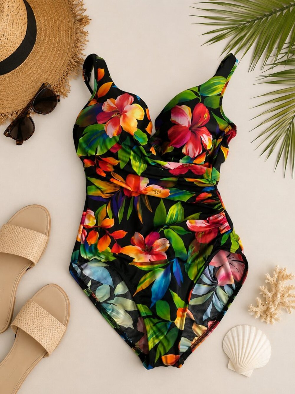 Miraclesuit One Piece Swimsuit Women's 16 Black Tropical Floral Tummy Control